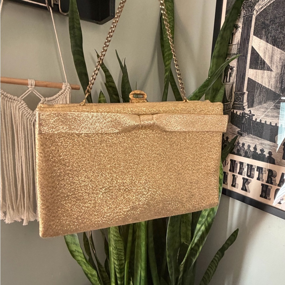 VTG 50s After Five Gold Bow-Accent Evening Clutch with Gloves